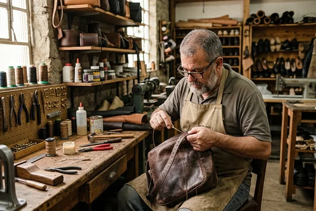 Sapateiro reformando uma bolsa de couro em Cambé.
