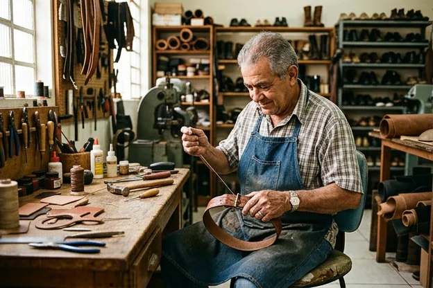 Sapateiro consertando um cinto de couro em Cambé.