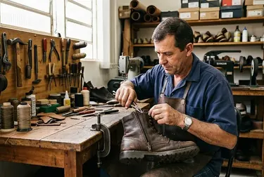 Sapateiro consertando o zíper de uma bota em Cambé.