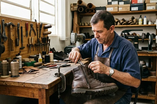 Sapateiro consertando o zíper de uma bota em Cambé.