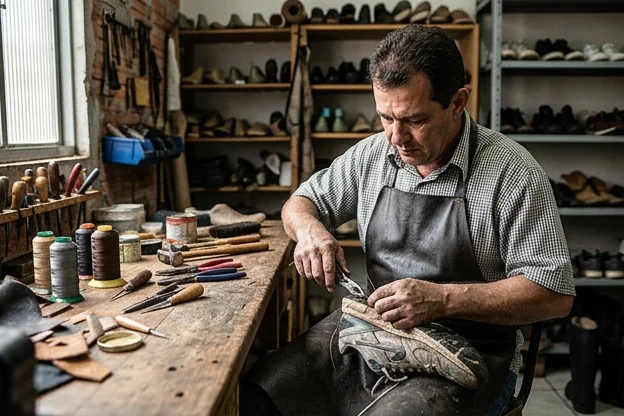 Sapateiro reparando um tênis em Cambé.